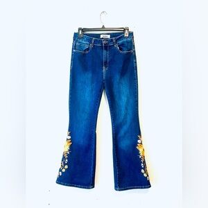 Telepatia Women Junior 13 Sunflower Embroidered Wide Leg Flare Jeans Hippie Boho
